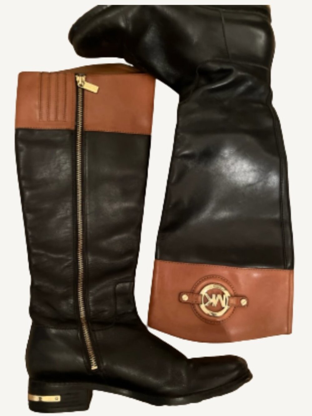 Michael Kors Black Leather Riding Boots Gold Logo Detail Womens 6